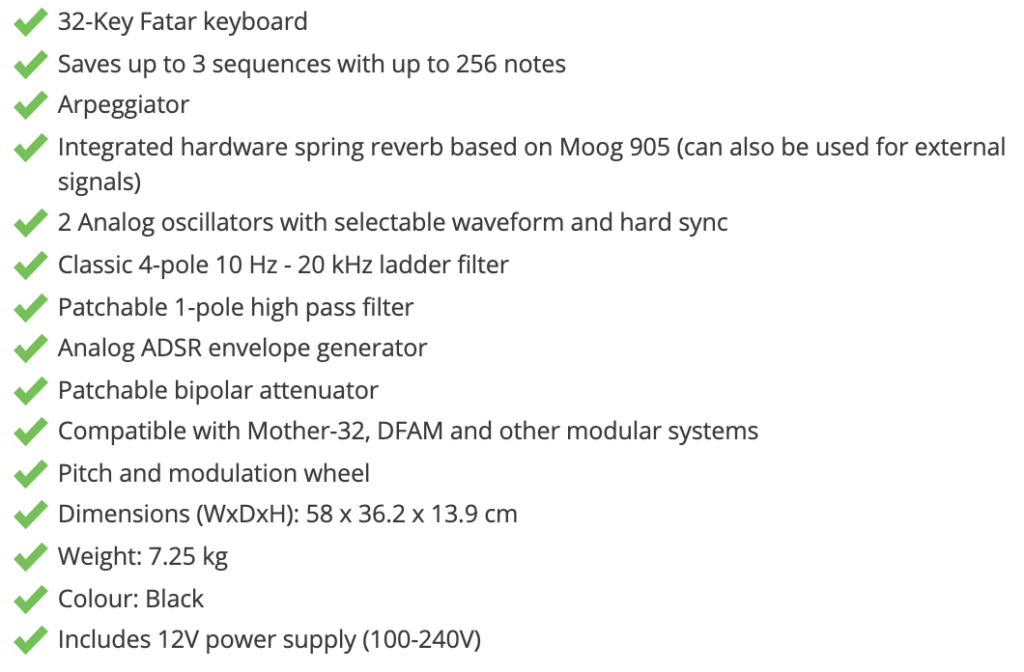 Moog Grandmother specifikationer